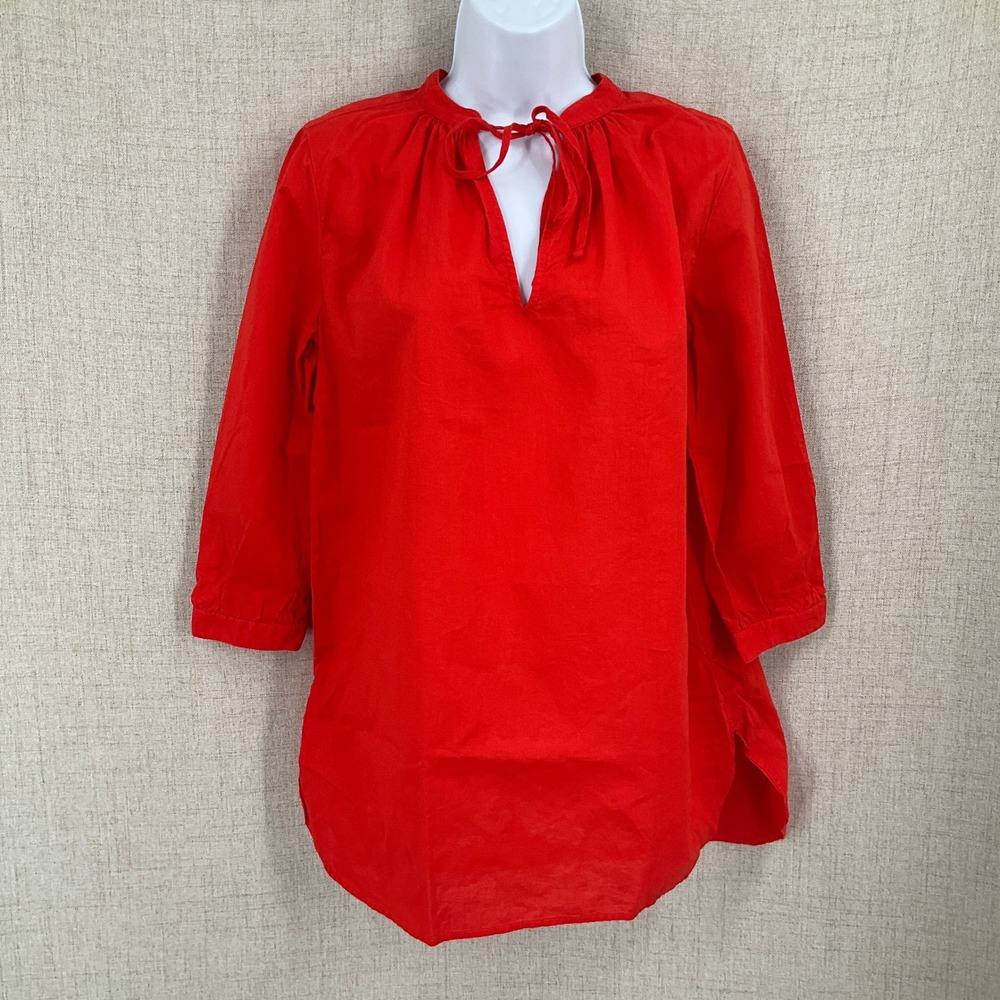 J.Crew Tunic Top Womens XS‎ Red Linen Cotton Tie Neck 3/4 Sleeve Coastal Classic